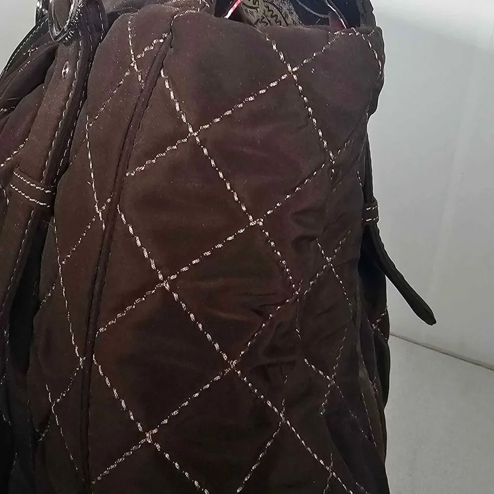 Vera Bradley Espresso Brown Microfiber Quilted Shoulder Purse Tote Overnight Bag